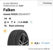 225x45 R17 Falken Opony Letnie jak nowe Faktura zakupu Gwarancja.