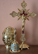 Piękny Złoty Krzyż i jajo Faberge + dzwonek. Komplet. 