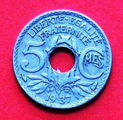 5 Centymów  1937 r  -  Francja    Gałąź oliwna    