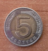 Moneta 5zł z roku 1994.