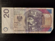 Banknot 20 złotych fajny numer pięć dziewiątek  BI2999997
