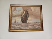 Stary obraz na płótnie sygnowany statek   .