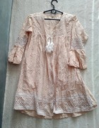 Bluzka piżamka S/M boho z koronką i frędzlami nude