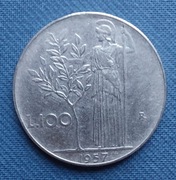 Moneta Włochy 100 lirów 1957
