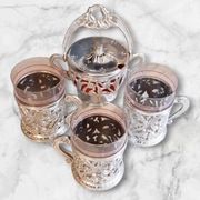 Zestaw PRL – cukiernica + 3 szklanki w koszyczkach