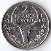 MADAGASKAR 2 Francs / Venty Sy Kirobo 1988, KM# 9, XF