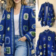 Kardigan, sweter damski handmade  róża  XL / 2XL kwadraty babci