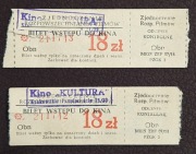 1980, Warszawa 2x bilet Kino Kultura 18zł, Zjedn. Rozp. Filmów, stemple