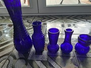 Wazony z Krakowskiej Huty Szkła "Prądniczanka" koloru kobaltowego 5 szt PRL