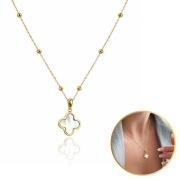 Naszyjnik stal szlachetna pozłacana 14k złotem, koniczynka, masa perłowa 