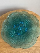 Talerz patera HSG Ząbkowice szkło turkus wzór wachlarze PRL