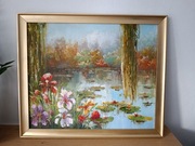 Duży Obraz olejny kwiaty nad stawem