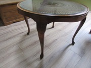 stolik kawowy vintage stylowy okragly drewno, rattan,szklo   86cm-