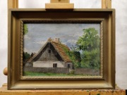 Obraz olejny, wiejska chata w zieleni, pejzaż letni 028