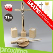 DUŻY DREWNIANY KOMPLET KOLĘDOWY - Krzyż Świeczniki Kropidło Miska na Kolędę