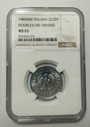 1 zł 1985, NGC MS65, piękny destrukt DD, doubled die, zdwojenie bicia