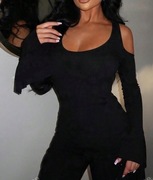 CZARNA BLUZKA Z WYCIĘCIAMI GŁĘBOKI DEKOLT rozm. 36 / S (A036)