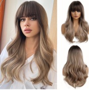 Peruka długa falowana blond z grzywką naturalna 60 cm