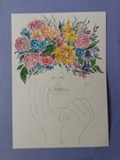 Akwarelowy portret kobiety z kwiatami na głowie.