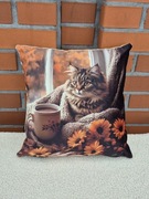 Poszewka, poduszka kot z kawą 38 x 38  kotek urodziny prezent jesienna