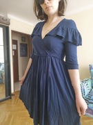 Granatowa Wiskoza Elastan Sukienka Asos 40 L Falbanka rozkloszowana