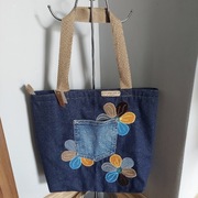 KWIATY -nowa torba zakupowa na zamek z jeansu-rękodzieło hand made
