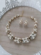 Biżuteria perły cyrkonie komplet naszyjnik kolczyki  elegancki ślubny 