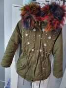 Kurtka 146-152 śnieżynki parka kolorowe futro ciepła