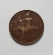 5 centimes Francja11915,brąz,w.5gr,śr.25mm,gr.1mm,st.b.piękny