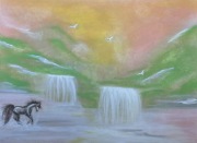 Sen o wolności - obraz akrylowy, natura, pejzaż, koń, wodospad