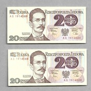 2 banknoty 20 zł 1982 r. tej samej serii AS    B7