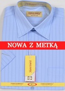 Koszula męska niebieska w paski na krótki rękaw kołnierzyk 39/40