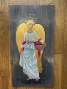 Anioł, obraz malowany na desce, pastel suchy, 52,3-53,5x29-27x1,7cm