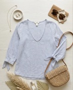 Bluzka rękaw 3/4 paski H&M Logg l błękit biel