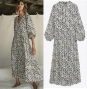 Zara sukienka boho z nadrukiem i falbanami, ecru/czarna, r. S