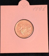 "5groszy"1991rok Stan bardzo dobry.Moneta obiegową z worka bankowego 