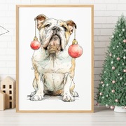 Plakat Świąteczny Buldog z Bombkami – Plakat A4 z Ramką