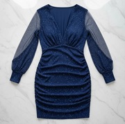 Elegancka granatowa błyszcząca sukienka wieczorowa z długim rękawem