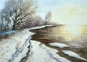 Stare drzewo nad rzeką zimą akwarela original 30*42 cm