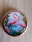 Ozdobne metalowe pudełeczko, kieszonkowa szkatułka - flamingi, różowe złoto