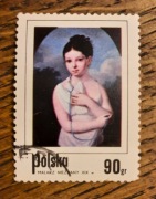 ZNACZEK POLSKI - Malarz nieznany XIX wiek kobieta z ptakiem - PWPW 90 gr.