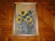 OBRAZ OLEJ NA PŁÓTNIE W PIĘKNEJ ZDOBIONEJ RAMIE, SŁONECZNIKI