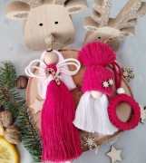 Zestaw 3 ozdób świątecznych makrama choinka skrzat