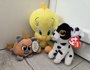 Trzy pluszaki małe, ptaszek tweety i świnka nowa i piesek dalmatynczyk nowy