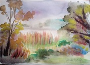 Jesienny pejzaż nad rzeką Wisłok, akwarela,A4, nowy, Aleksandra Skoczyk 