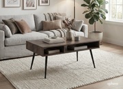 Ława do salonu na długich czarnych skośnych metalowych nogach