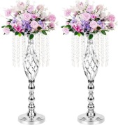 Stojak na kwiaty, stroik, srebrny kwietnik ślubny z kryształkami, 2 sztuki