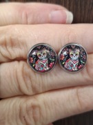 Kolczyki sztyfty retro vintage kolorowy kot,okrągłe kaboszony