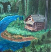 OBRAZ AKRYLOWY „Domek w lesie” 50x50 cm