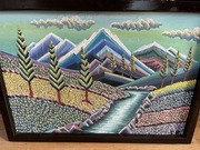 Sprzedam obraz olejny, rama drewniana ,,Góry na tle rzeki ’’ Rozm. 70x60 cm